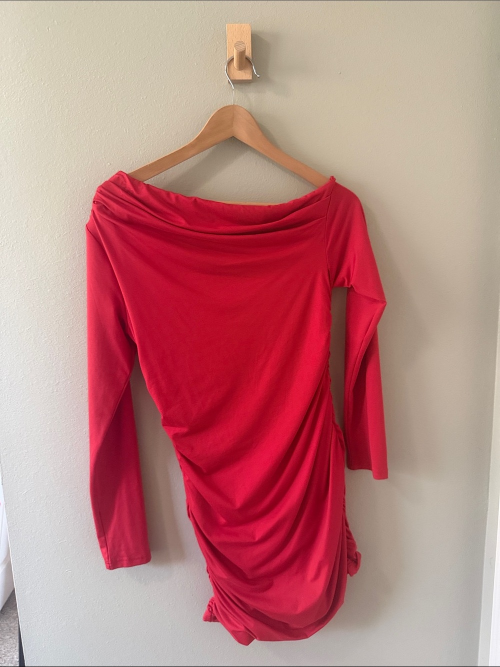 Red Off-Shoulder Ruched Long Sleeve Dress